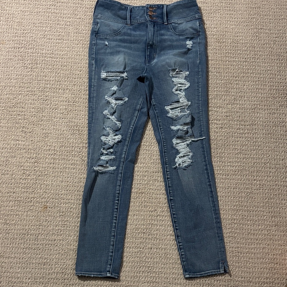 AMERICAN EAGLE AEO Stretch Distressed Super Hi Rise JEGGINGS Skinny Jeans 6